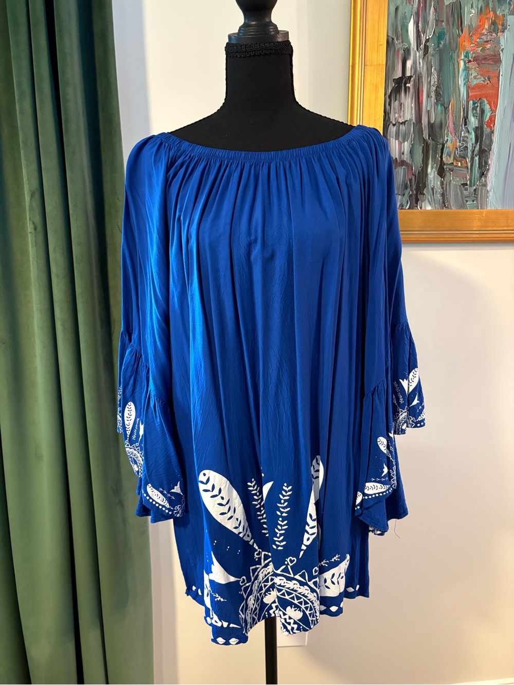 Royal Blue Off-Shoulder Tunic with White Botanical Print